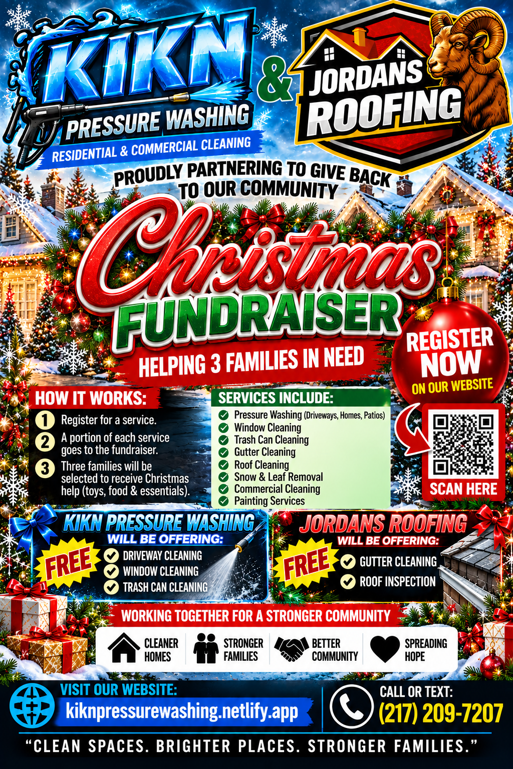 Christmas fundraiser flyer featuring KIKN Pressure Washing and Jordans Roofing, three KIKN free services and two Jordans Roofing free services